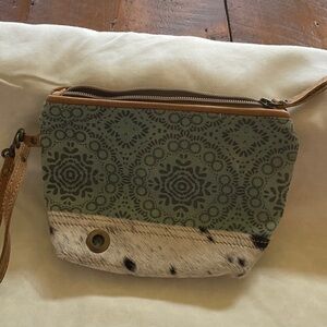 Myra Bag Green Patterned Canvas & Cowhide Wristlet